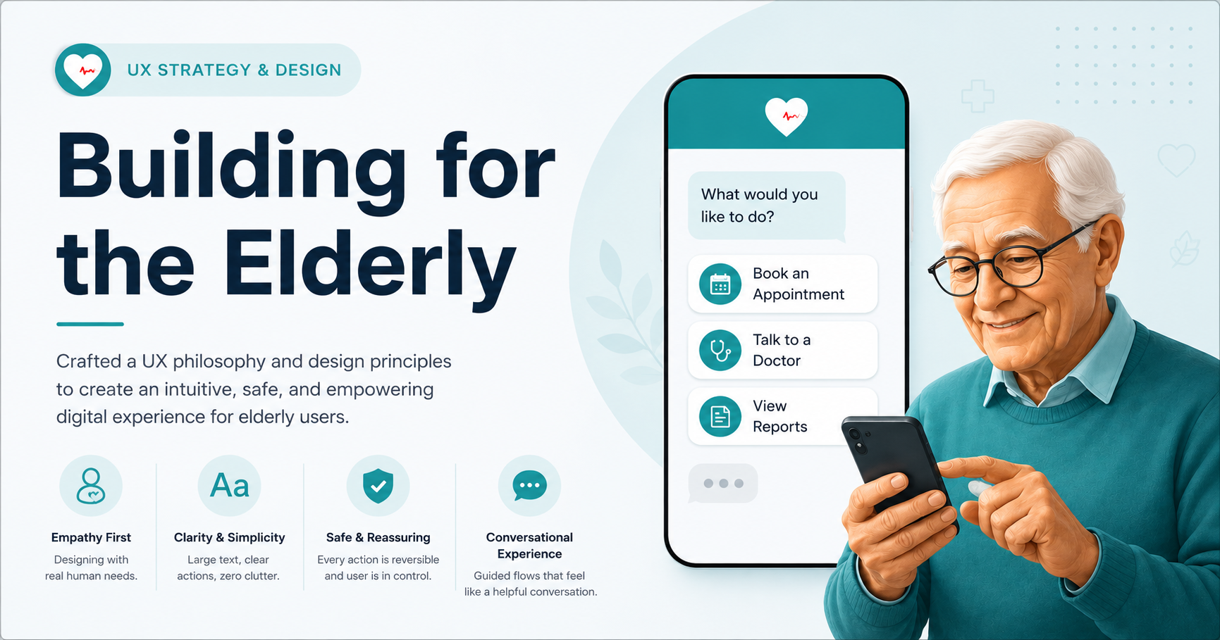 Elderly app interface showing health monitoring
