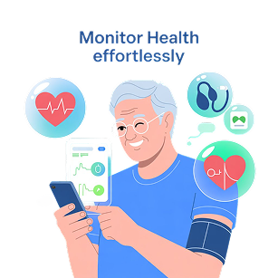 Elderly app interface showing health monitoring